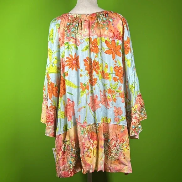 Calessa Top Blouse Floral Print Colorful Ruffle Sleeve Light Blue Orange 1X - Picture 4 of 5